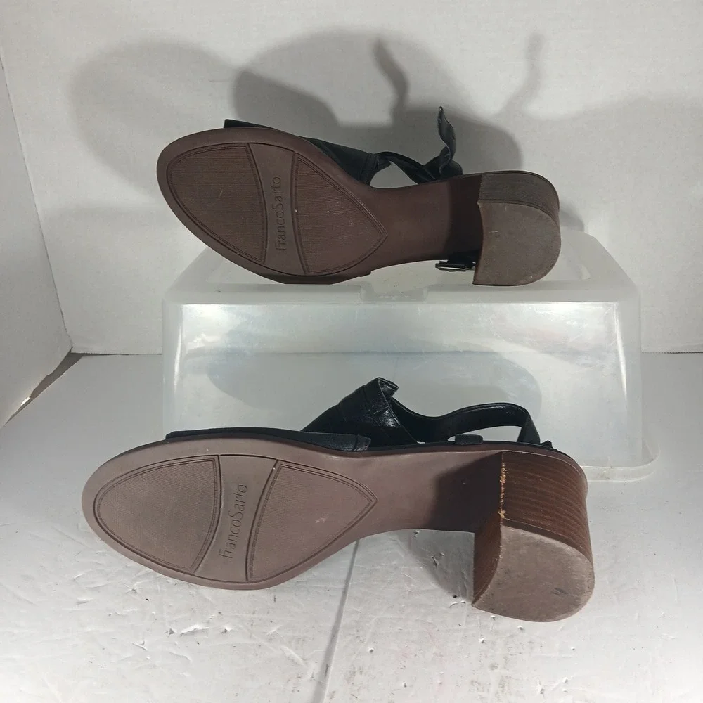 Franco Sarto Harlet Block Heel Sandals 9M Black Leather Asymmetrical Slingback